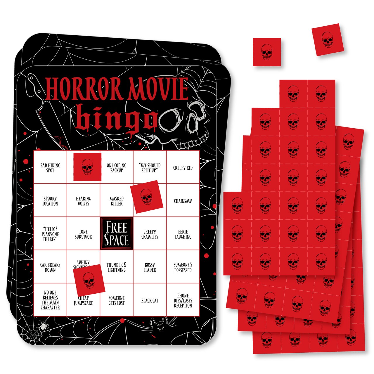 Big Dot of Happiness Horror Movie Bingo, Halloween Party Games, Scary Movie Night Activity, Interactive Watch Party Halloween Bingo - Set of 18